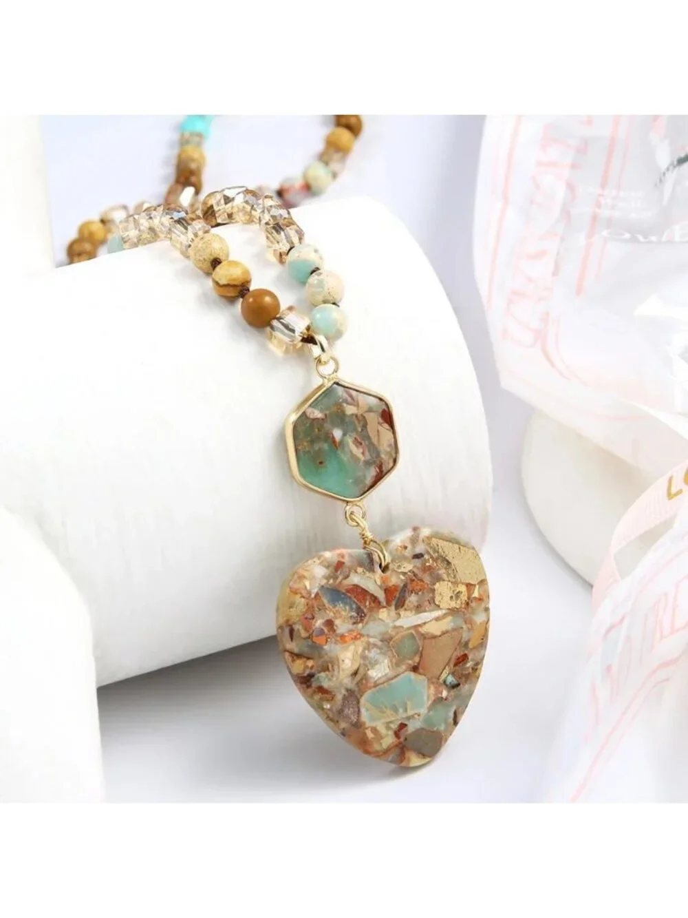 Boho Beaded Stone Pendant Necklace for Women & Men - Natural Turquoise & Tiger